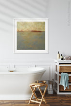 Load image into Gallery viewer, Zen abstract seascape painting &quot;Whispering Waters,&quot; digital print by Victoria Primicias, decorates the bathroom.

