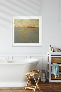 Zen abstract seascape painting "Whispering Waters," digital print by Victoria Primicias, decorates the bathroom.