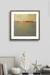 Zen abstract beach art "Whispering Waters," digital print by Victoria Primicias, decorates the wall.