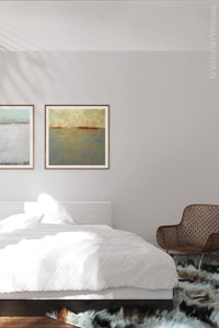Zen abstract beach art "Whispering Waters," digital print by Victoria Primicias, decorates the bedroom.