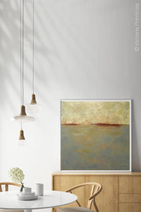 Zen abstract ocean art "Whispering Waters," digital print by Victoria Primicias, decorates the dining room.